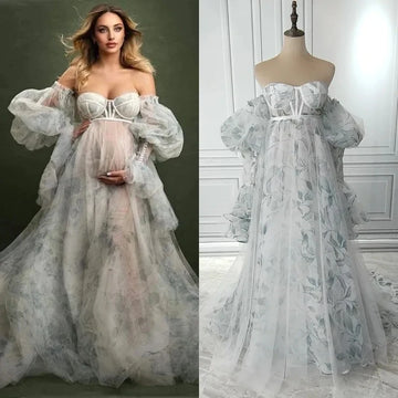 Mqtime Floral Printing Maternity Dress for Photoshoot Pregnancy Pregnant Gowns with Removable Sleeve for Photoshoot Pregnancy
